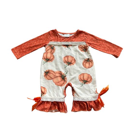 Babies 0-3 Months Long Sleeve Crew Neck Orange and Tan Pumpkin Ruffle Romper - Picture 1 of 14